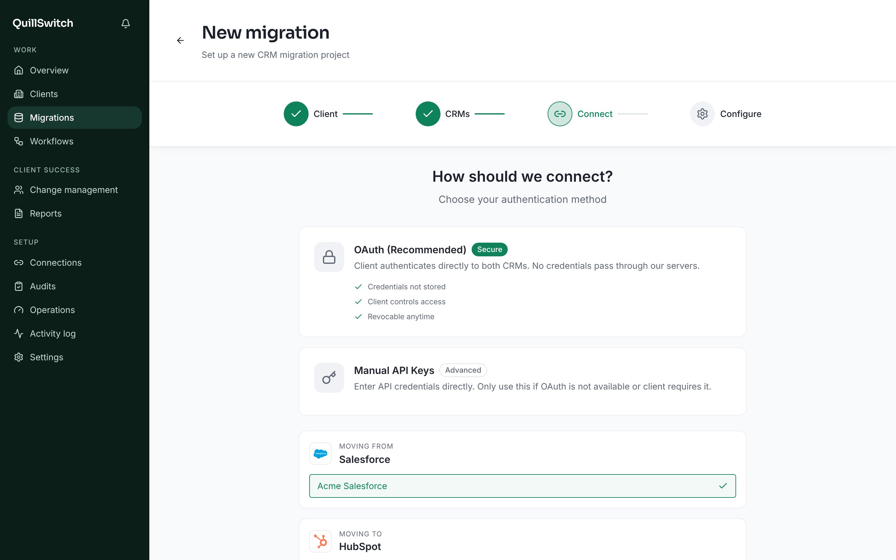 The wizard's connect step: OAuth to both CRMs