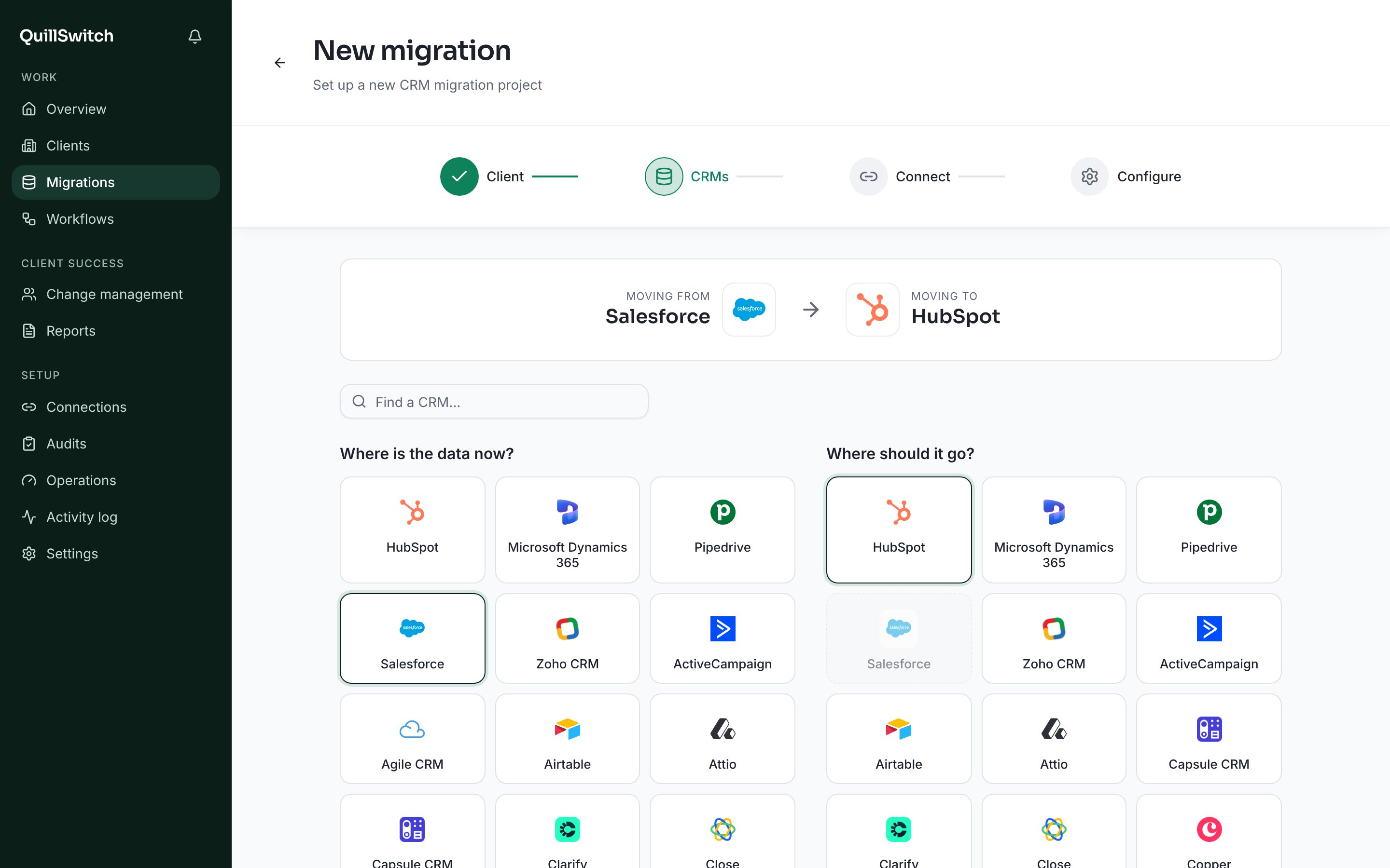 The wizard's CRMs step: Salesforce to HubSpot